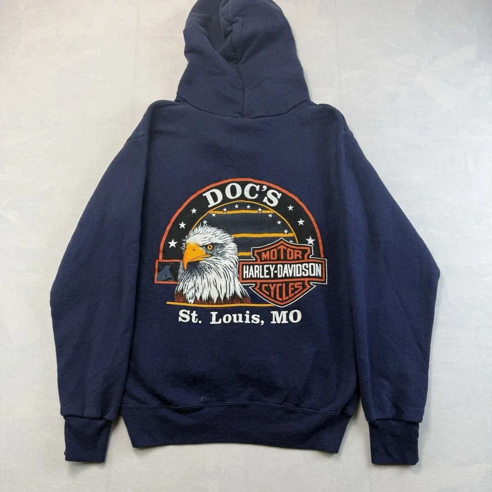 Vintage Harley Davidson Doc's St Louis MO Eagle USA Made Hoodie Mens M Blue